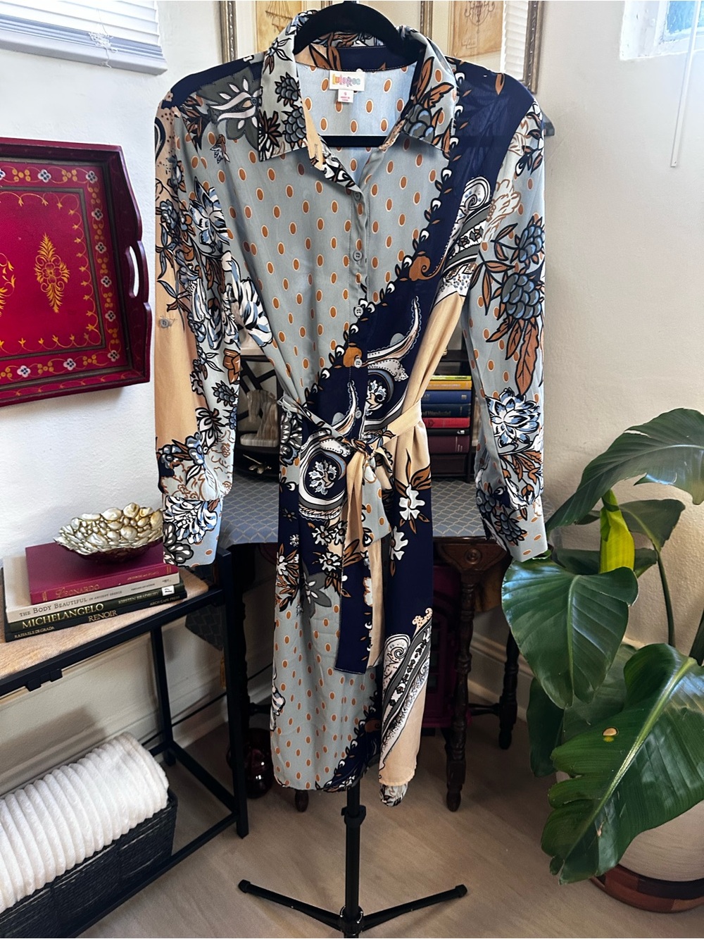 LuLaRoe Mixed Print Midi Shirt Dress in Blue and Tan